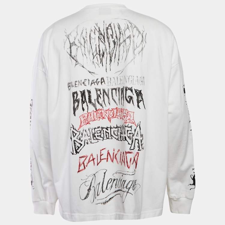 Pre Owned Balenciaga White Logo Print Cotton Full Sleeve Crew Neck T-Shirt L