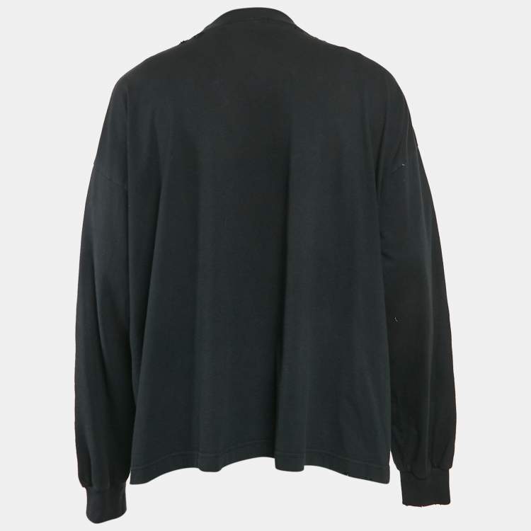 Pre Owned Balenciaga Black Logo Embroidered Cotton Distressed Long Sleeve T-Shirt L