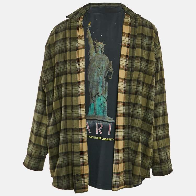 Pre Owned Balenciaga Unisex Green Checks Distressed Cotton T-shirt and Shirt L