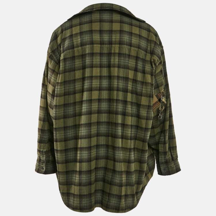 Pre Owned Balenciaga Unisex Green Checks Distressed Cotton T-shirt and Shirt L