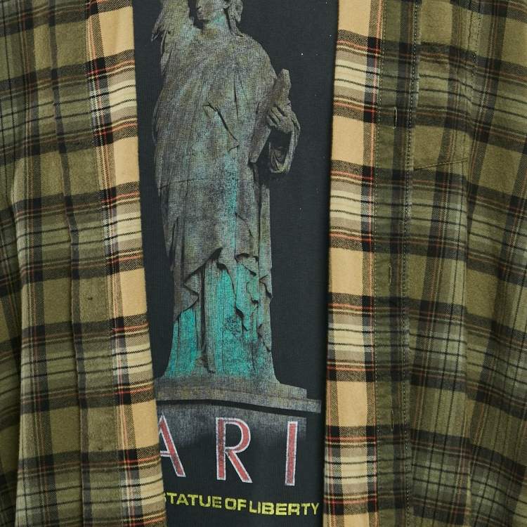 Pre Owned Balenciaga Unisex Green Checks Distressed Cotton T-shirt and Shirt L