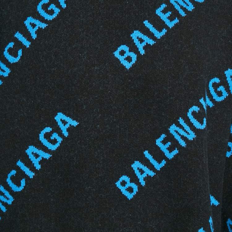 Pre Owned Balenciaga Blue Monogram Cotton Knit Crew Neck Sweater M