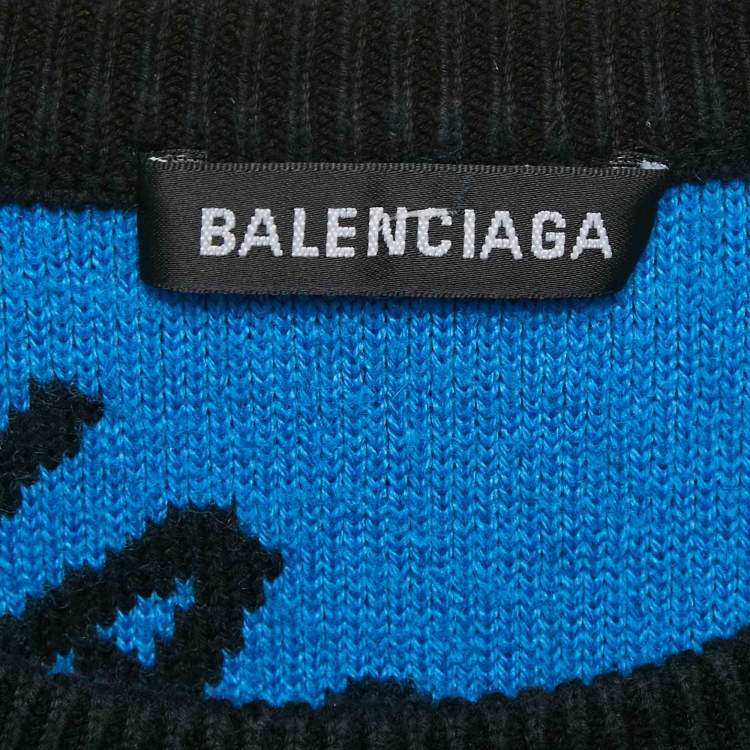Pre Owned Balenciaga Blue Monogram Cotton Knit Crew Neck Sweater M