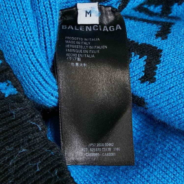 Pre Owned Balenciaga Blue Monogram Cotton Knit Crew Neck Sweater M