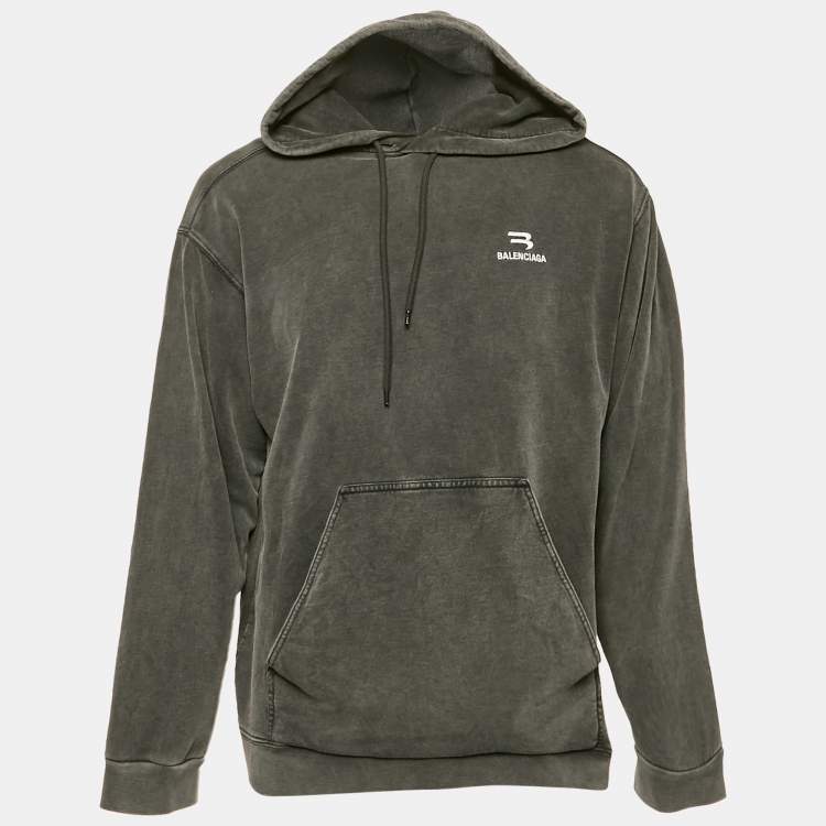 Pre Owned Balenciaga Unisex Grey Logo Embroidered Cotton Hoodie XS