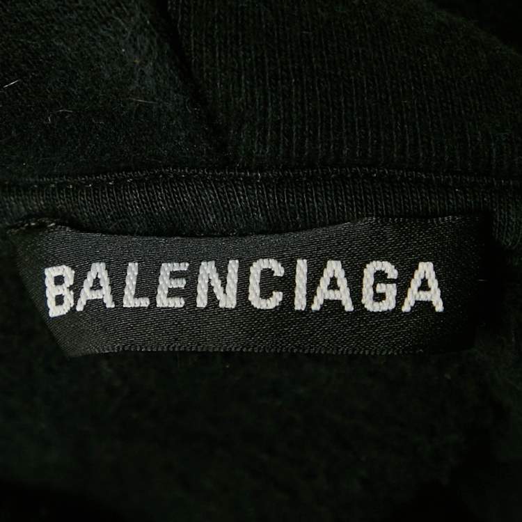 Pre Owned Balenciaga Black Logo Embroidered Cotton Knit Hoodie L