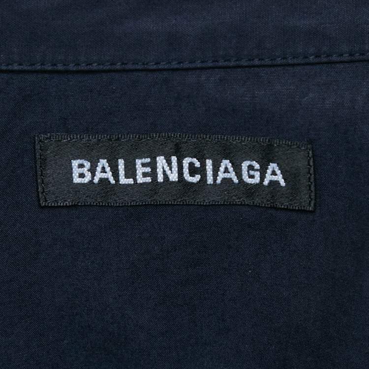 Pre Owned Balenciaga Navy Blue Cotton Logo Print Button Down Oversized Shirt M