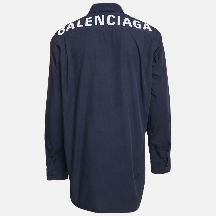 Pre Owned Balenciaga Navy Blue Cotton Logo Print Button Down Oversized Shirt M