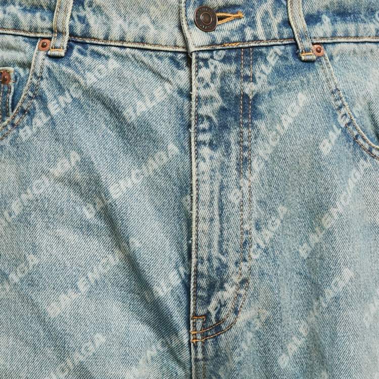 Pre Owned Balenciaga Unisex Blue Logo Over All Faded Denim Straight Leg Jeans S Waist 30"