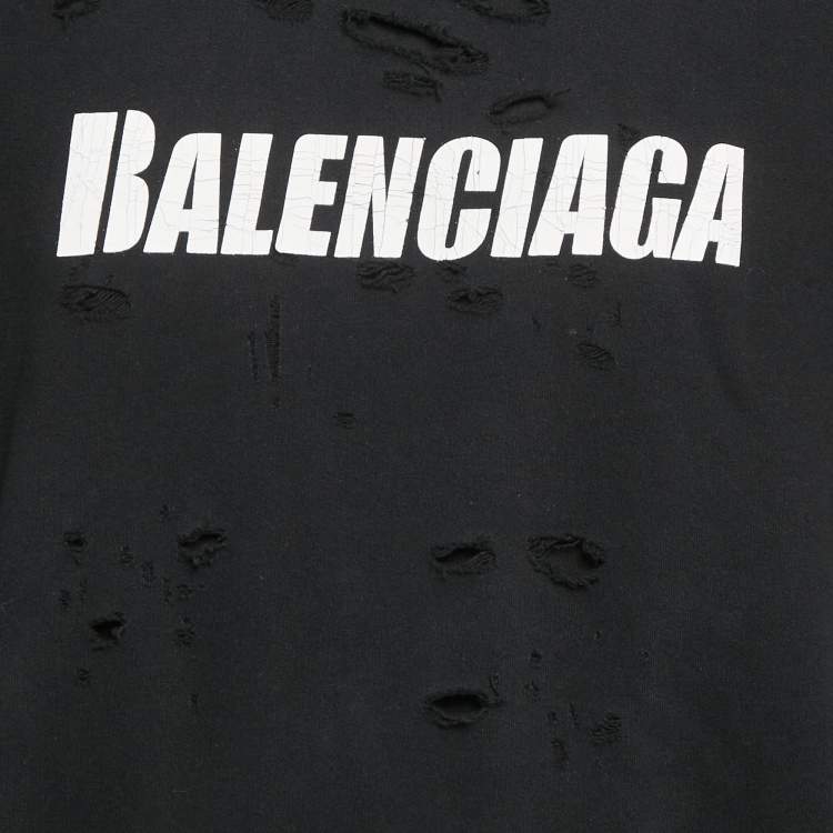مملوكة مسبقًا Balenciaga Unifit Black Logo Print Distressed Cotton Knit Hoodie XS