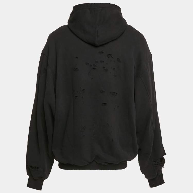 مملوكة مسبقًا Balenciaga Unifit Black Logo Print Distressed Cotton Knit Hoodie XS