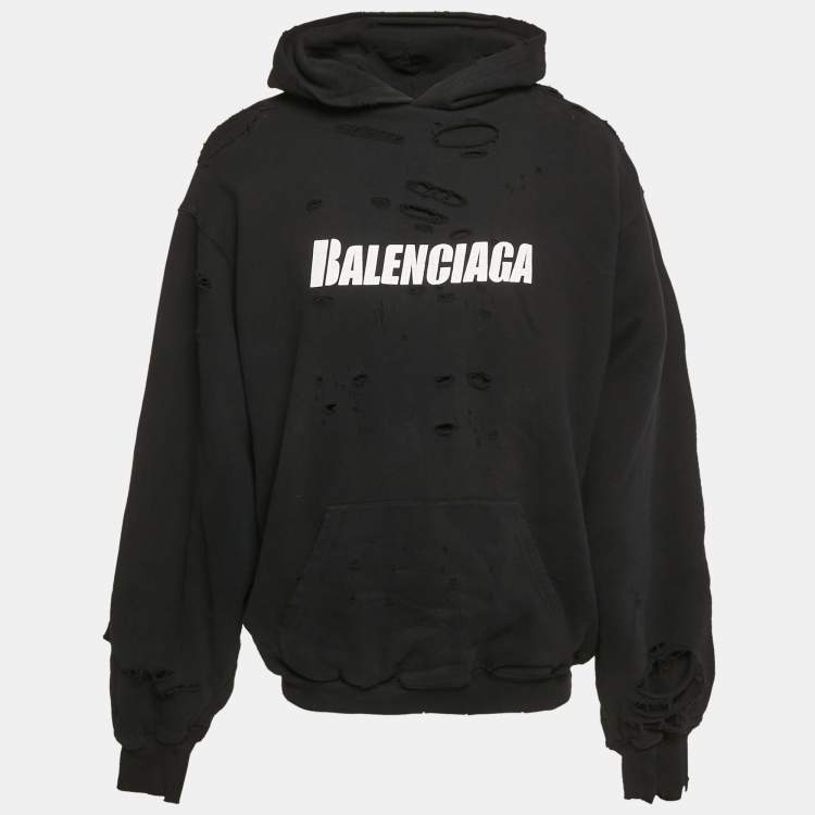 مملوكة مسبقًا Balenciaga Unifit Black Logo Print Distressed Cotton Knit Hoodie XS