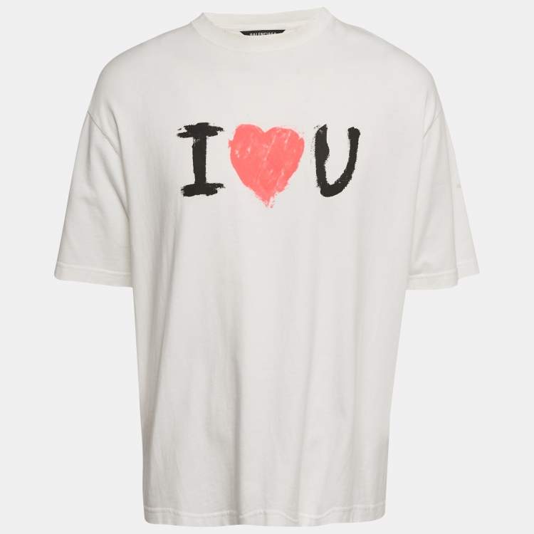 Pre Owned Balenciaga White I Love You Printed Cotton Oversized Distressed T-Shirt M