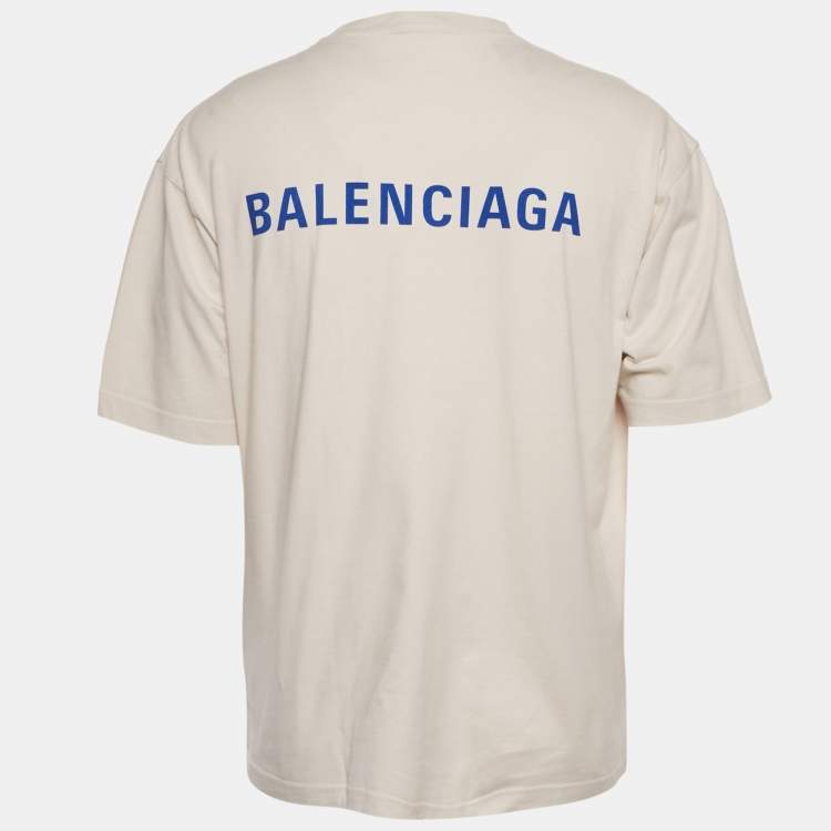 Pre Owned Balenciaga Unisex Beige Logo Print Jersey T-Shirt M