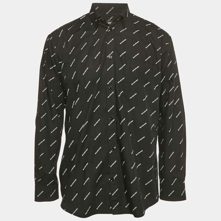 Pre Owned Balenciaga Black All Over Logo Print Cotton Oversized Shirt XS