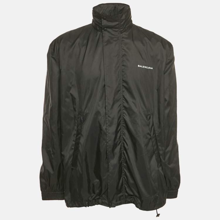 Pre Owned Balenciaga Black Logo Print Nylon Oversized Wind Breaker Jacket M