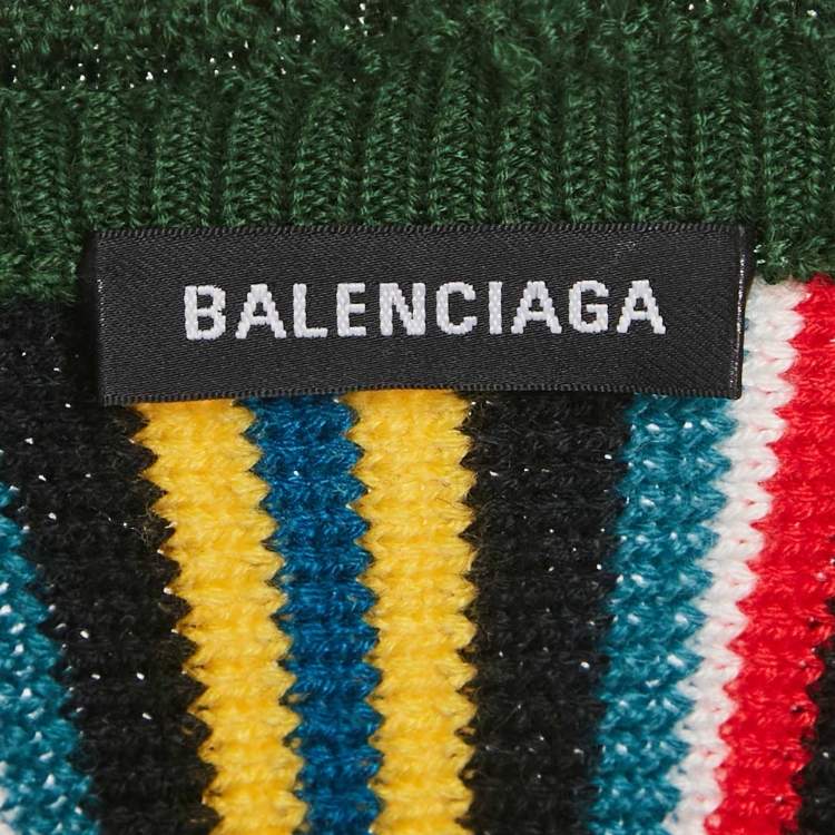 Pre Owned Balenciaga Multicolor Logo Intarsia Striped Wool Blend Oversized Sweater XXS  