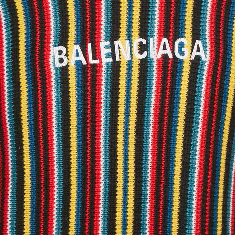 Pre Owned Balenciaga Multicolor Logo Intarsia Striped Wool Blend Oversized Sweater XXS  
