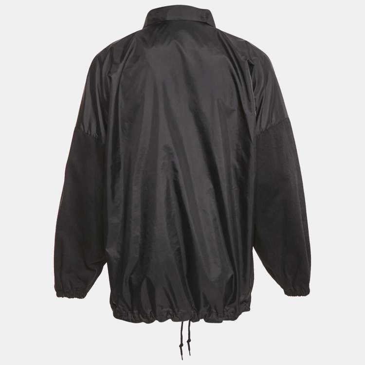 Pre Owned Balenciaga Black/White Synthetic & Denim Patchwork Logo Zip-Up Jacket XS