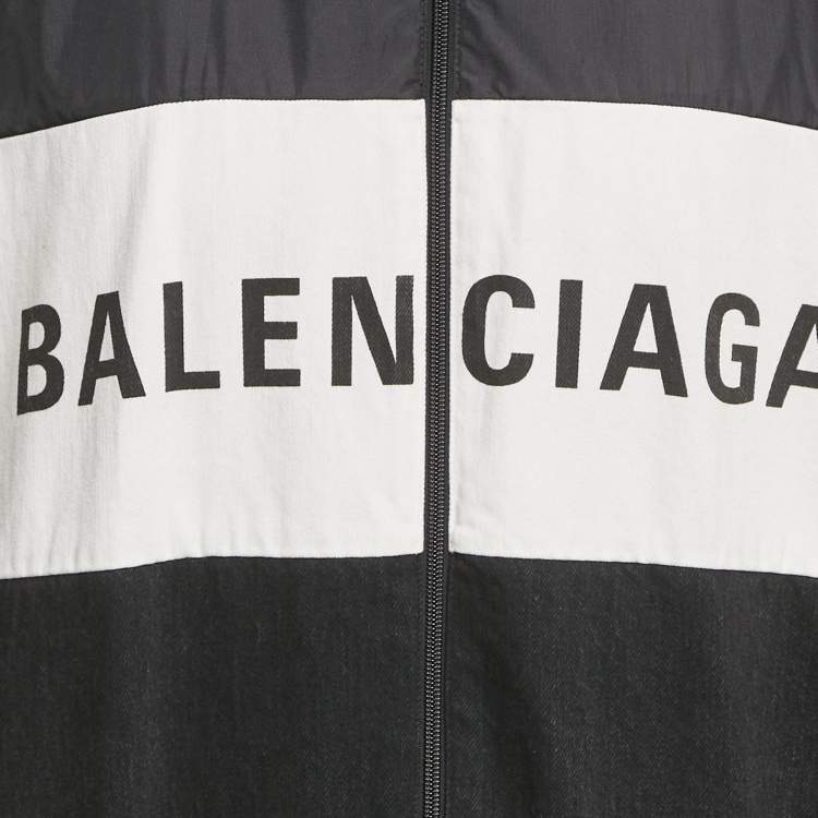 Pre Owned Balenciaga Black/White Synthetic & Denim Patchwork Logo Zip-Up Jacket XS