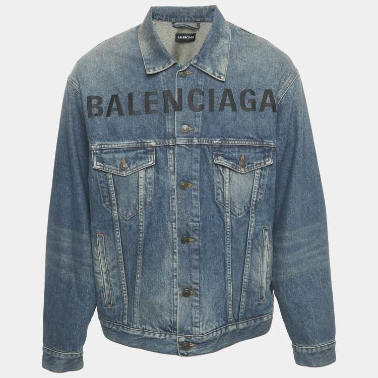 Pre Owned Balenciaga Blue Logo Embroidered Button Front Denim Jacket XS