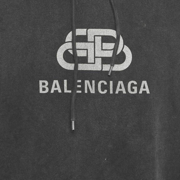 Pre Owned Balenciaga Dark Grey Logo Print Cotton Oversized Hoodie S