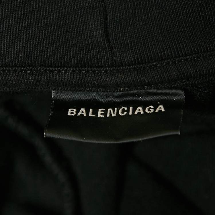 Pre Owned Balenciaga Black Printed Cotton Distressed Hoodie M