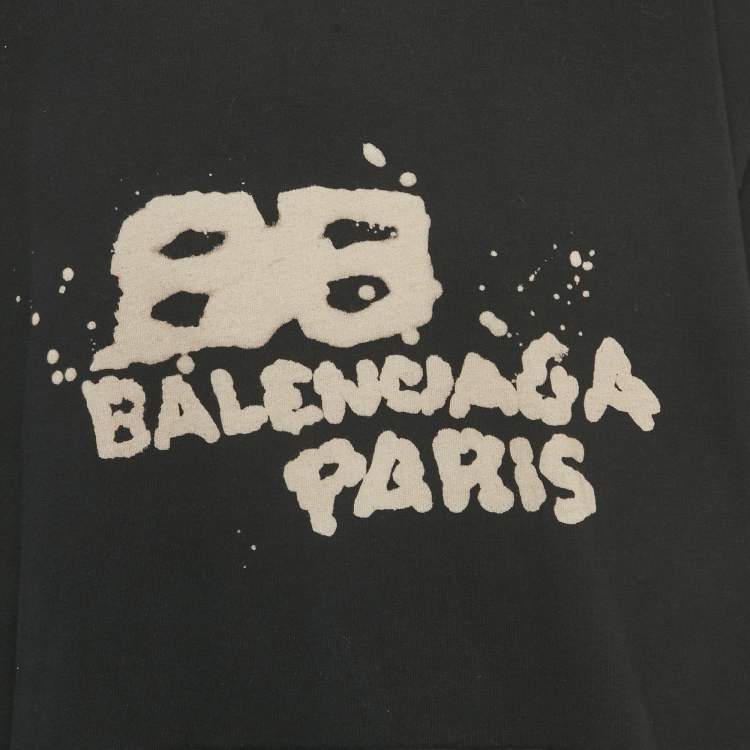 Pre Owned Balenciaga Black Printed Cotton Distressed Hoodie M