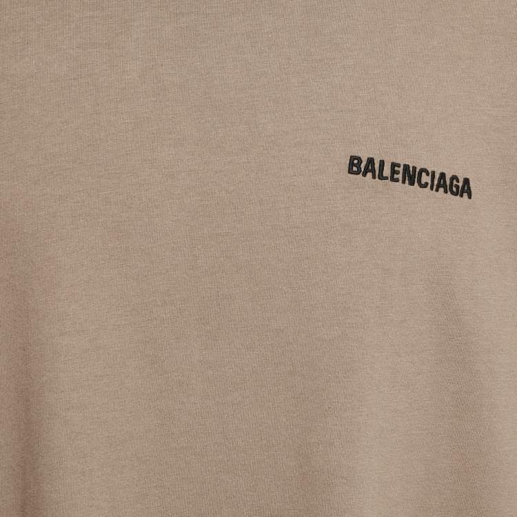 Pre Owned Balenciaga Unisex Tan Brown Logo Embroidered Cotton T-Shirt M