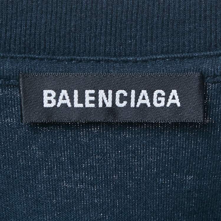 Pre Owned Balenciaga Navy Blue Logo Embroidered Cotton T-Shirt XS