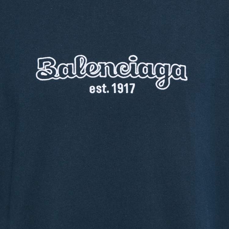 Pre Owned Balenciaga Navy Blue Logo Embroidered Cotton T-Shirt XS