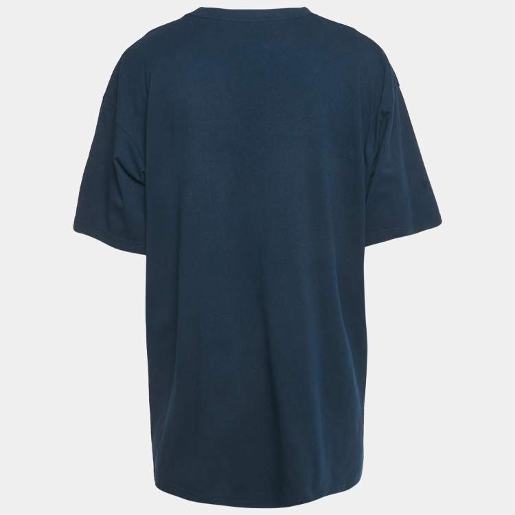 Pre Owned Balenciaga Navy Blue Logo Embroidered Cotton T-Shirt XS