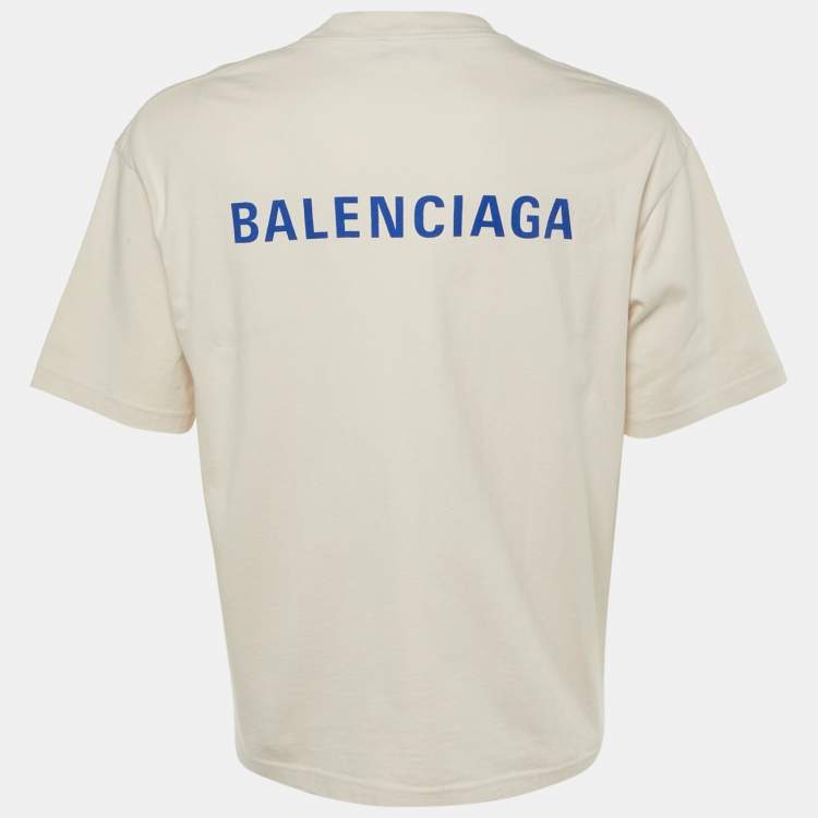 Pre Owned Balenciaga Beige Logo Print Cotton T-Shirt M