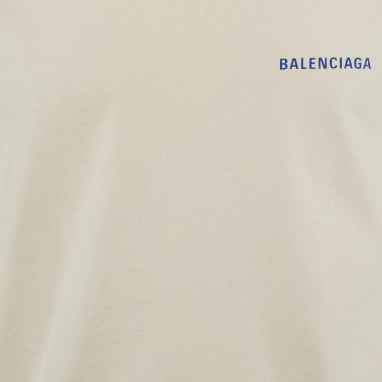 Pre Owned Balenciaga Beige Logo Print Cotton T-Shirt M