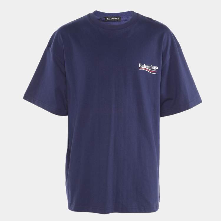 Pre Owned Balenciaga Blue Cotton Logo Print Half Sleeve T-Shirt S