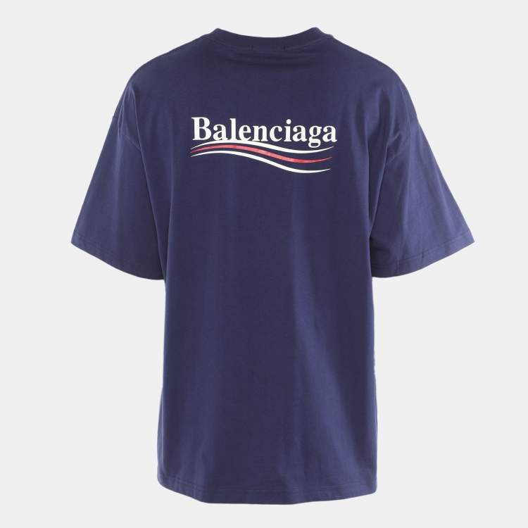 Pre Owned Balenciaga Blue Cotton Logo Print Half Sleeve T-Shirt S