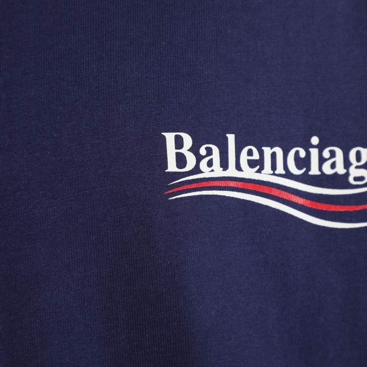 Pre Owned Balenciaga Blue Cotton Logo Print Half Sleeve T-Shirt S