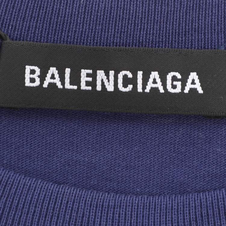 Pre Owned Balenciaga Blue Cotton Logo Print Half Sleeve T-Shirt S