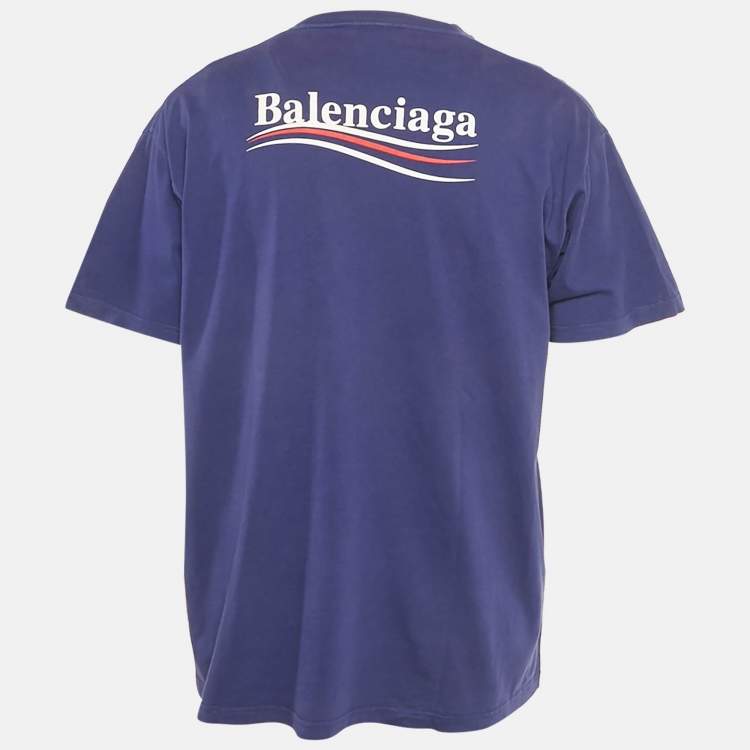 Pre Owned Balenciaga Blue Logo Printed Cotton Knit Oversized T-Shirt M