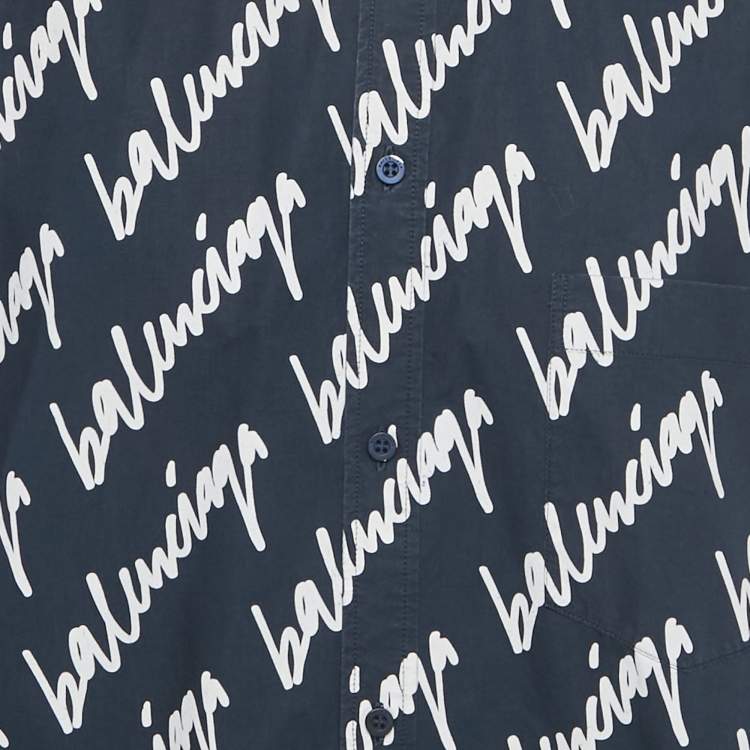 Pre Owned Balenciaga Navy Blue Logo Printed Cotton Long Sleeve Shirt M