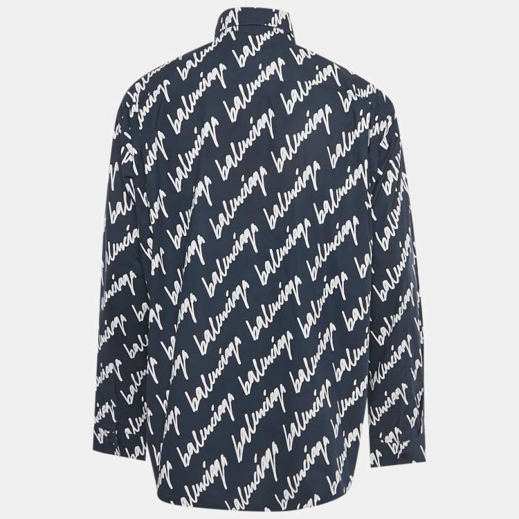 Pre Owned Balenciaga Navy Blue Logo Printed Cotton Long Sleeve Shirt M