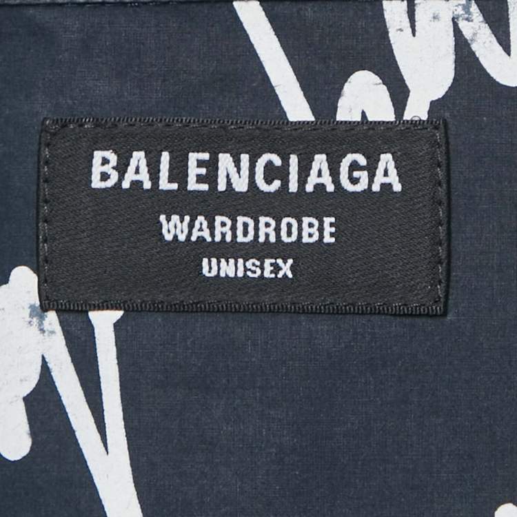 Pre Owned Balenciaga Navy Blue Logo Printed Cotton Long Sleeve Shirt M