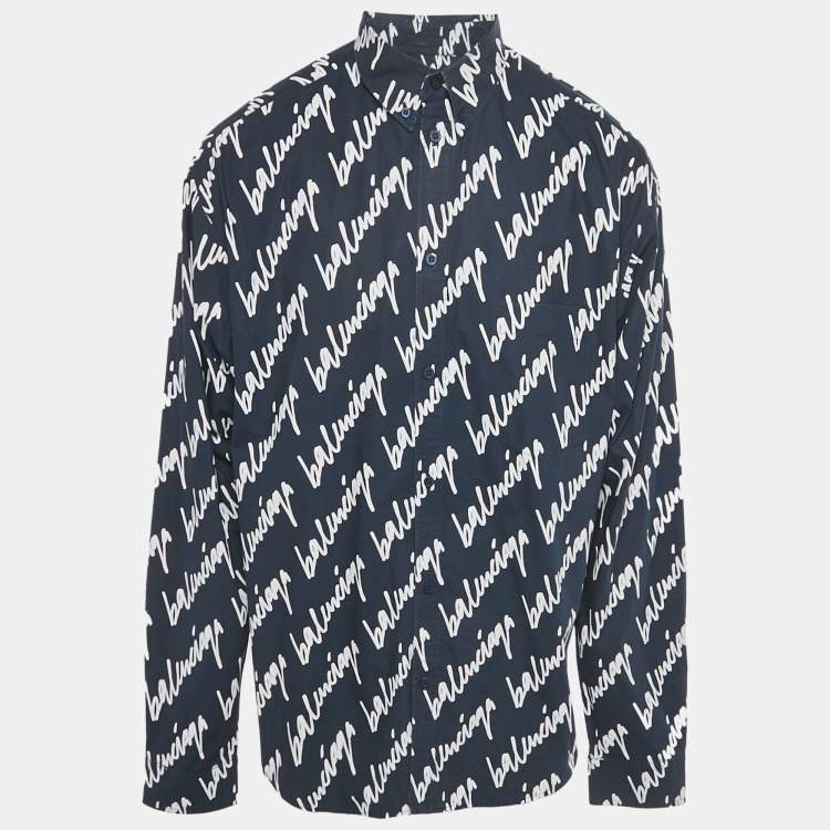 Pre Owned Balenciaga Navy Blue Logo Printed Cotton Long Sleeve Shirt M
