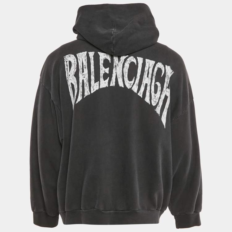 Pre Owned Balenciaga Black Logo Print Cotton Oversize Hoodie XL