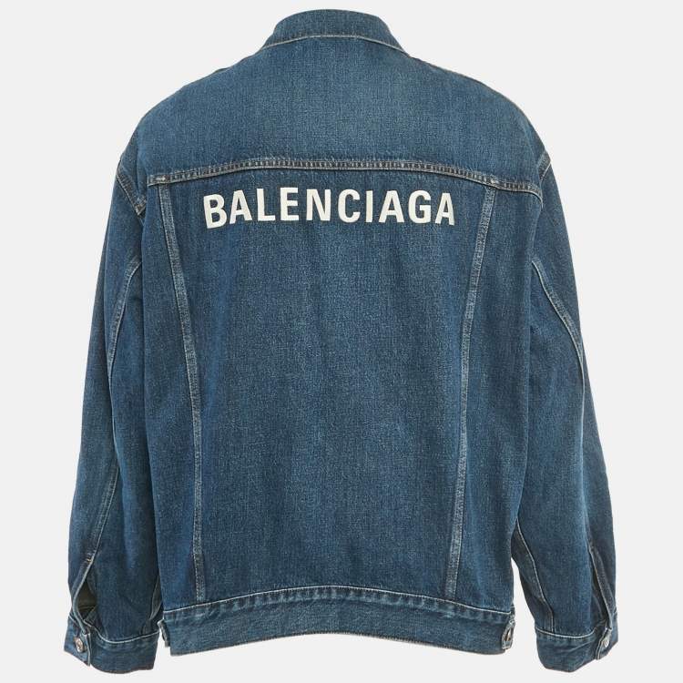 Pre Owned Balenciaga Blue Logo Embroidered Oversized Denim Jacket XS