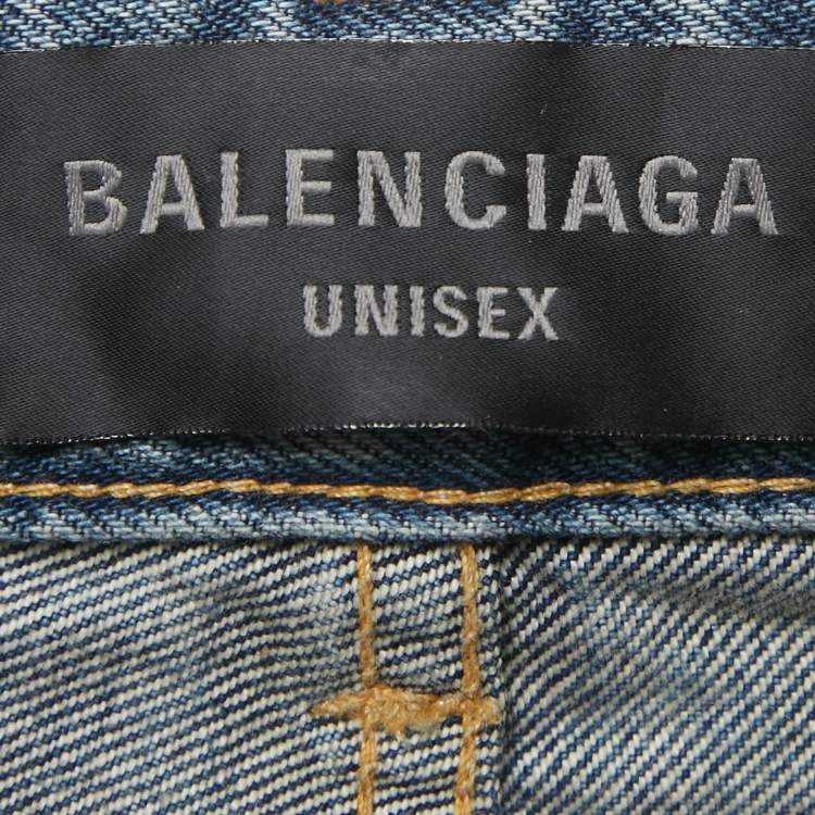 Pre Owned Balenciaga Unisex Blue Dirty Distressed Denim Jeans M/Waist 32"