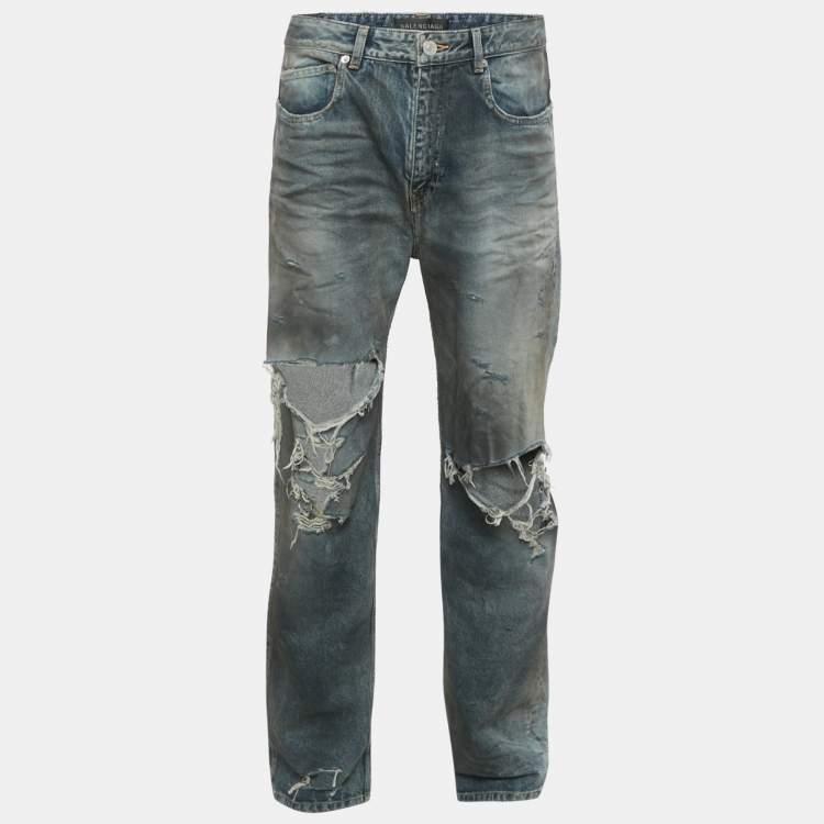 Pre Owned Balenciaga Unisex Blue Dirty Distressed Denim Jeans M/Waist 32"