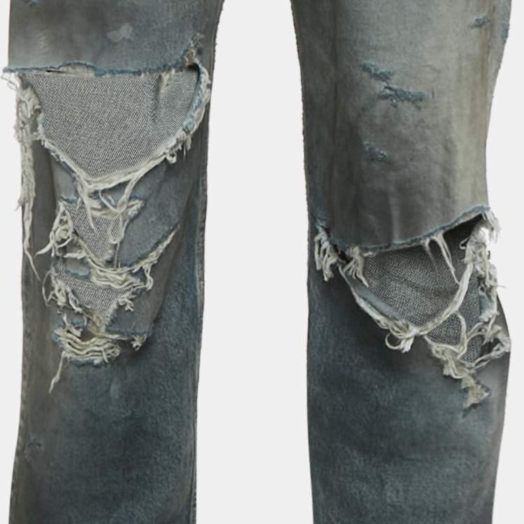 Pre Owned Balenciaga Unisex Blue Dirty Distressed Denim Jeans M/Waist 32"