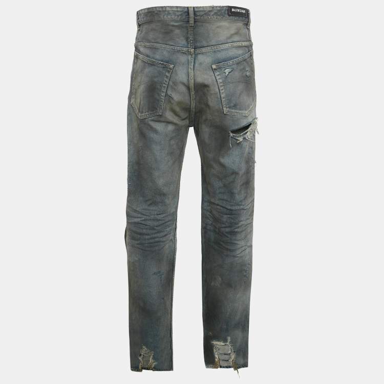 Pre Owned Balenciaga Unisex Blue Dirty Distressed Denim Jeans M/Waist 32"