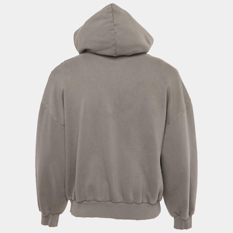 Pre Owned Balenciaga Unisex Grey Cotton Distressed Zip-Up Hoodie L